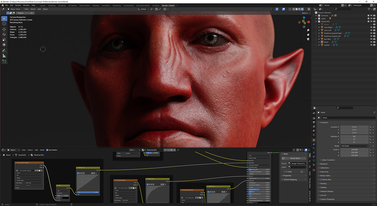 Blender 3d head model photorealistic skin shading